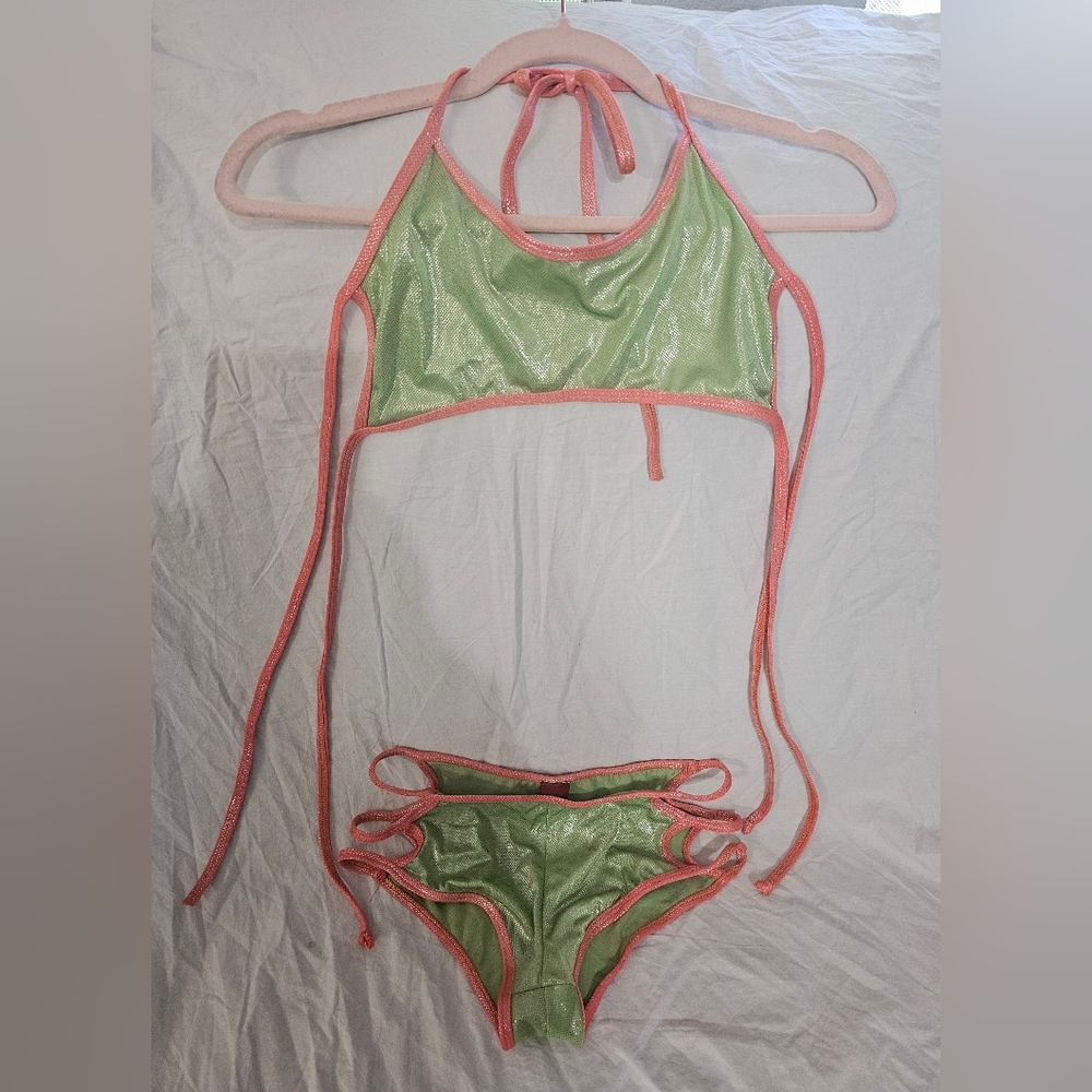 Green and Orange Boy Shorts Bikini Set